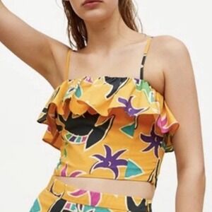Zara Cropped Floral Tank Womens S Tropical Print Colorful Boho Ruffle Top Shirt